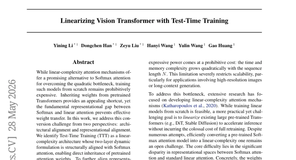 Tsinghua-LeapLab, Softmax attention 을 TTT 로 변환해 SD3.5 추론 1.32~1.47x 가속