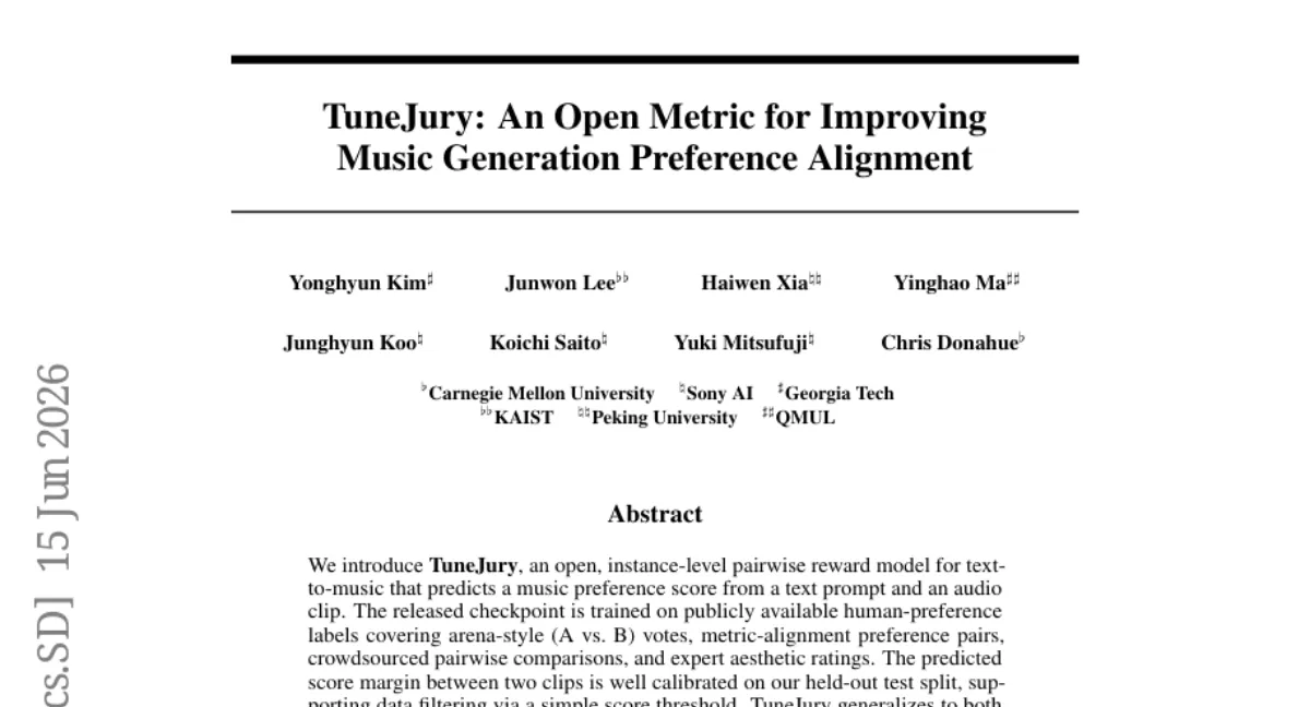 TuneJury: 텍스트-음악 선호도 예측 오픈 보상 모델 — 인간 평가와 3가지 다운스트림 태스크에서 일관된 개선