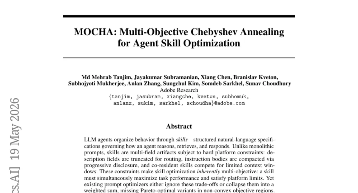 MOCHA: 다중 목표 Chebyshev Annealing으로 LLM 에이전트 스킬 최적화 — 6개 태스크 중 4개에서 기존 옵티마이저 실패, 평균 정확도 7.5% 향상