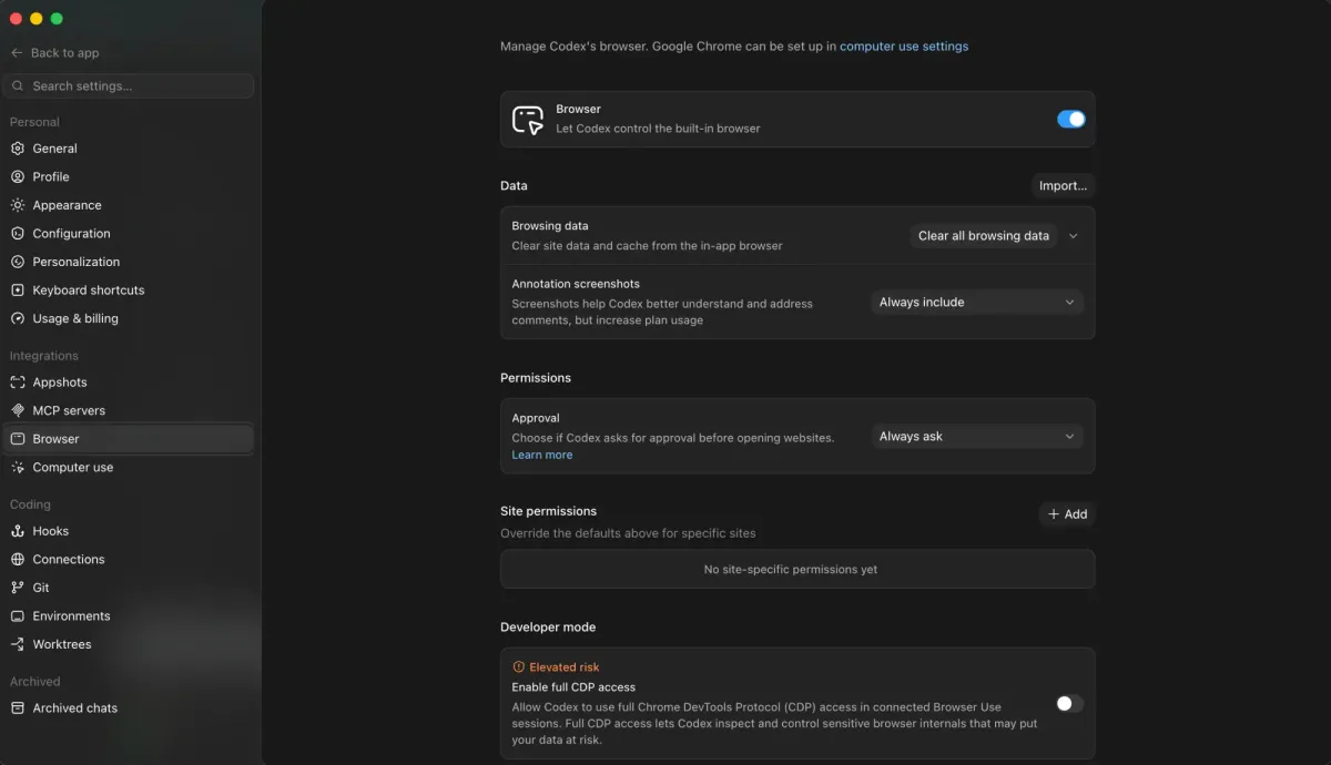OpenAI Codex, Chrome DevTools 연동 — 브라우저 내 JS 프로파일링·요소 수정 지원