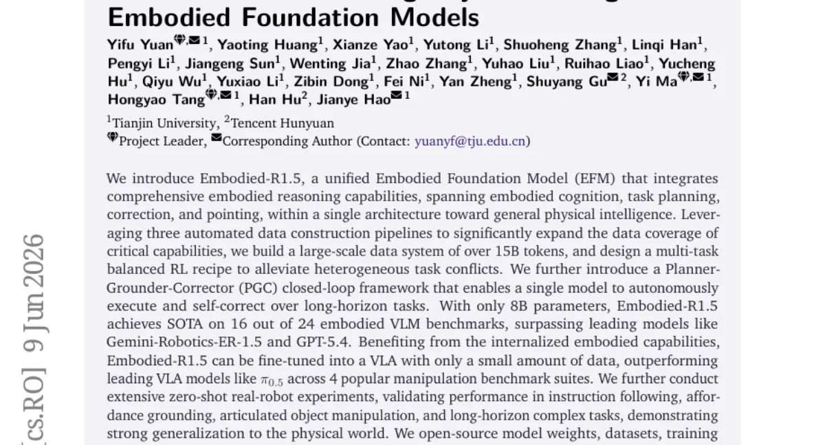 Embodied-R1.5: 8B 파라미터로 16개 벤치마크 SOTA 달성한 통합 임베디드 파운데이션 모델