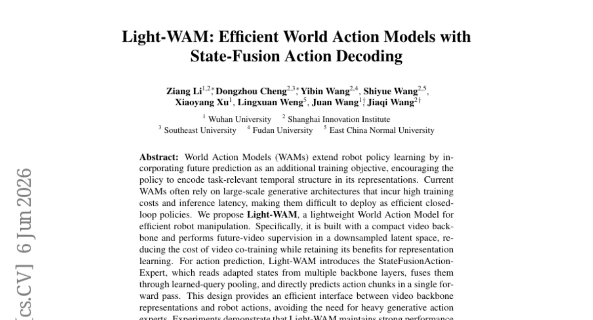 Light-WAM: 0.44B 파라미터 경량 World Action Model — LIBERO 유지, 추론 72ms