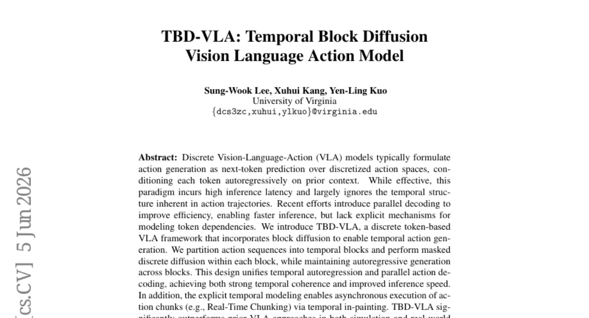 TBD-VLA: 블록 확산으로 시간적 일관성과 추론 속도를 동시에 잡은 이산 VLA
