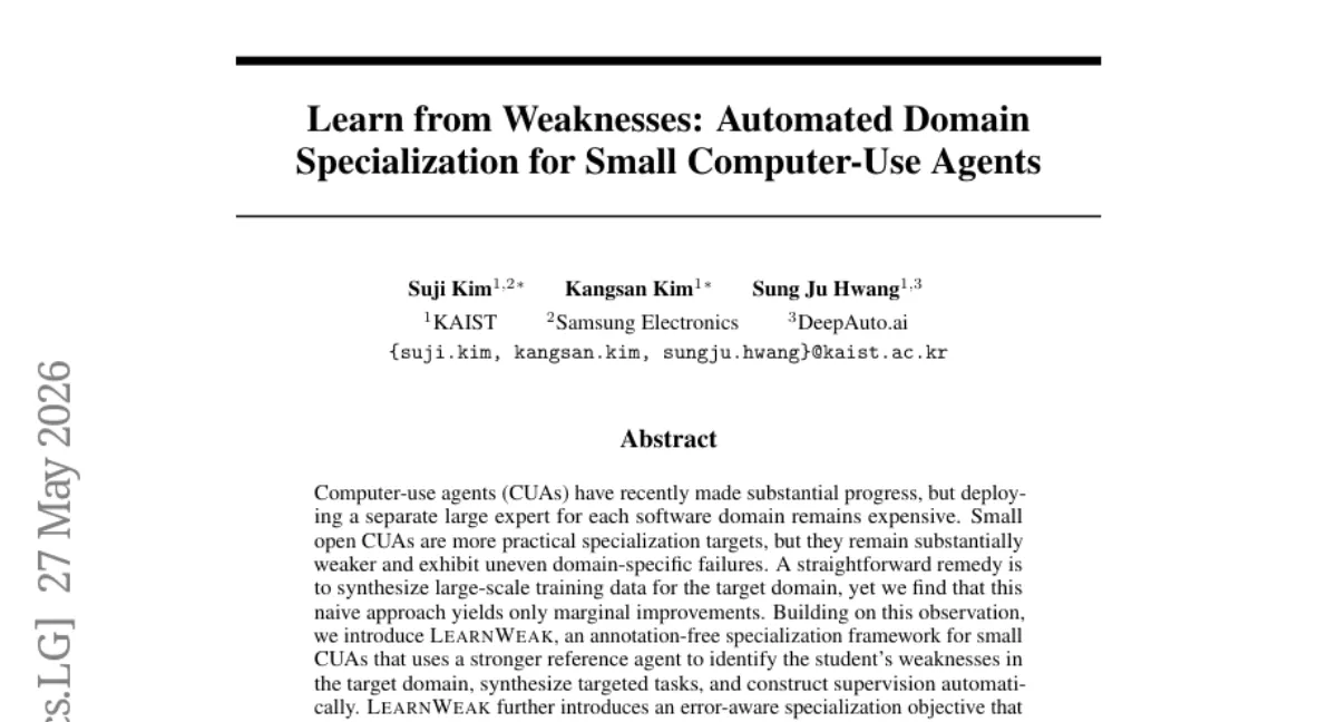 KAIST LearnWeak: 약한 컴퓨터 사용 에이전트 전문화 프레임워크 — OSWorld 8개 도메인 평균 11.6%p 향상