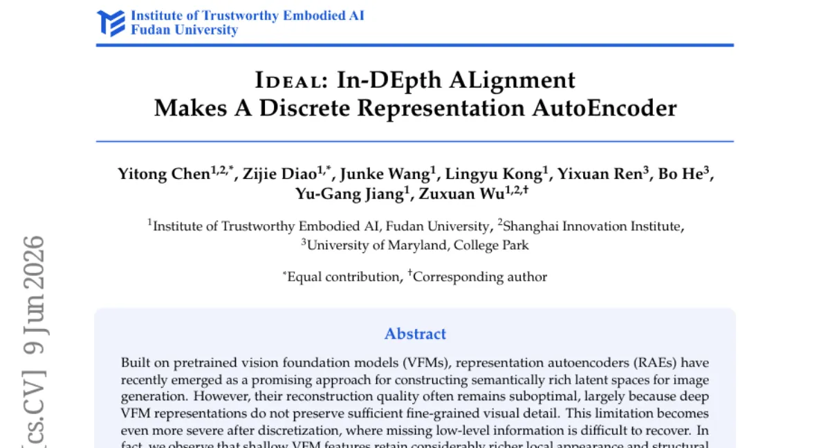 Ideal: 깊은 VFM 특징과 얕은 특징을 정렬한 이산 표현 오토인코더 — ImageNet rFID 0.61
