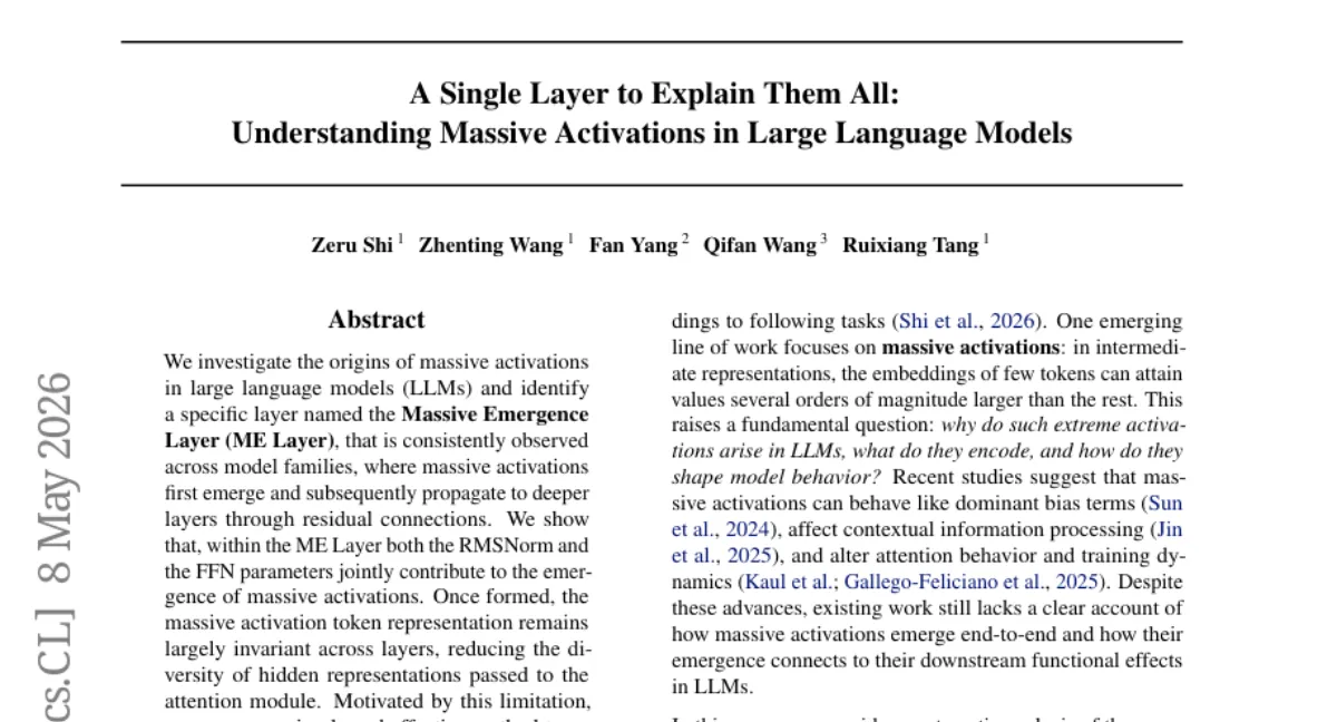Rutgers, LLM 내 massive activation의 기원 규명 — ME Layer 식별 및 완화 방법 제안