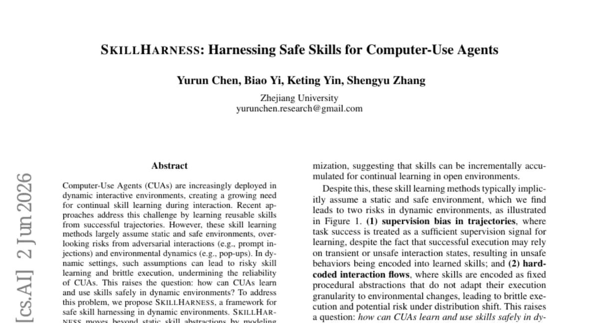 Zhejiang University, 동적 환경에서 CUA 안전하게 스킬 학습하는 SkillHarness — 위험률 57.1% 감소