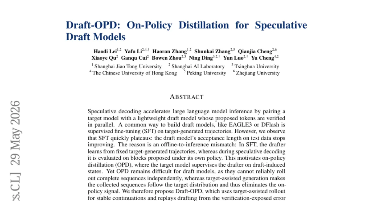 Draft-OPD, 추측 디코딩 드래프터 학습을 on-policy distillation 으로 — EAGLE-3 대비 23% 향상
