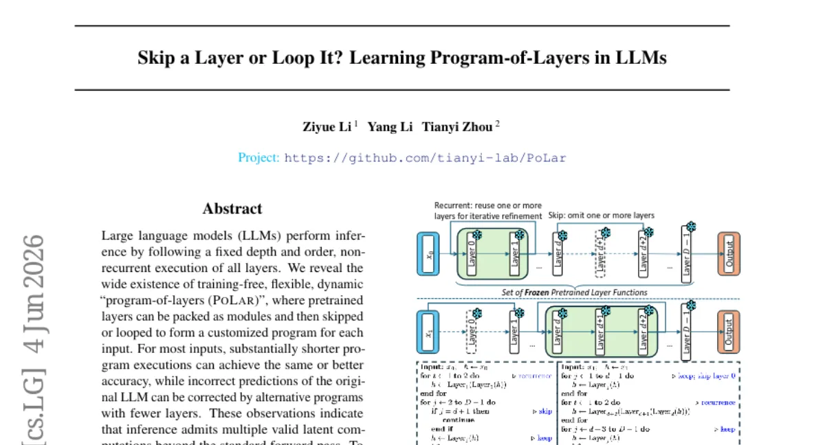 UMD, LLM 추론을 위한 동적 프로그램-of-layers (PoLar) — 수학 추론 정확도 3% 향상, 레이어 수는 더 적게