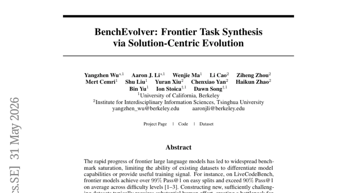 UC Berkeley, 벤치마크 포화 문제 해결하는 BenchEvolver 공개 — LiveCodeBench에서 Pass@1 27.5~62.6%로 변별력 회복