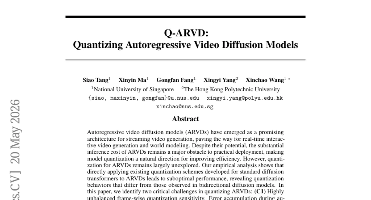 Q-ARVD: NUS, autoregressive 비디오 확산 모델을 위한 양자화 프레임워크 — 프레임별 민감도 불균형 해결