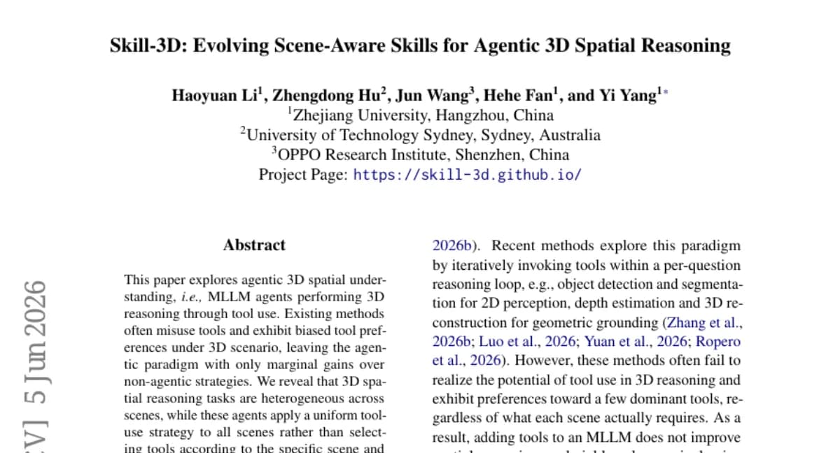 Skill-3D: 장면 인식 도구 사용 스킬로 3D 추론 성능 78% 향상