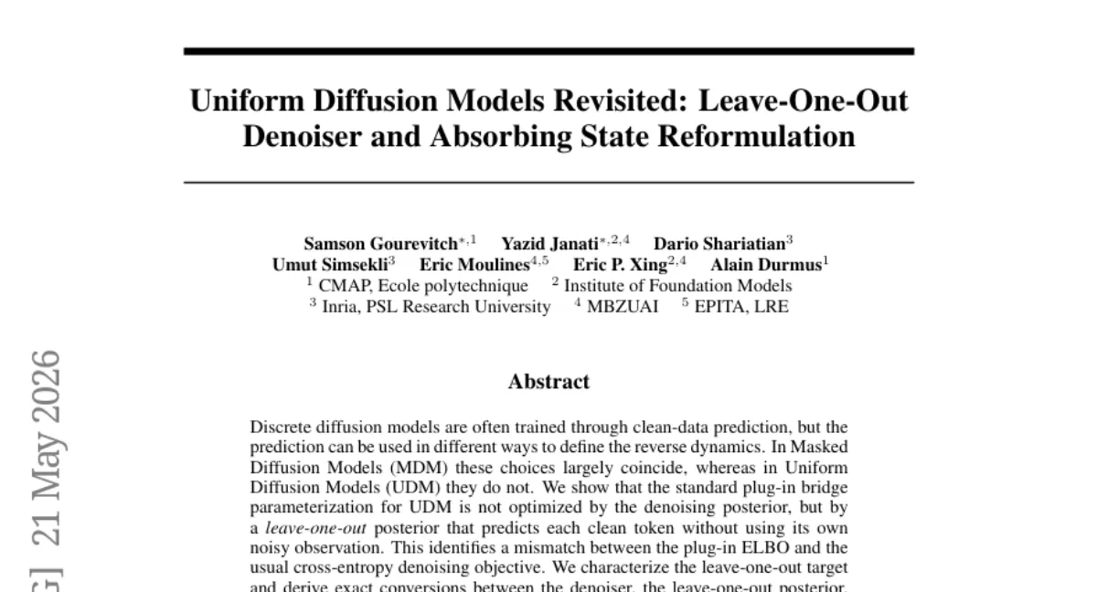 Uniform Diffusion 의 leave-one-out posterior 재정의 — MDM 과 격차를 줄이는 parameterization