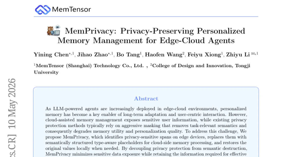 MemPrivacy: 엣지-클라우드 에이전트용 개인정보 보호 메모리 — 유틸리티 손실 1.6% 이내