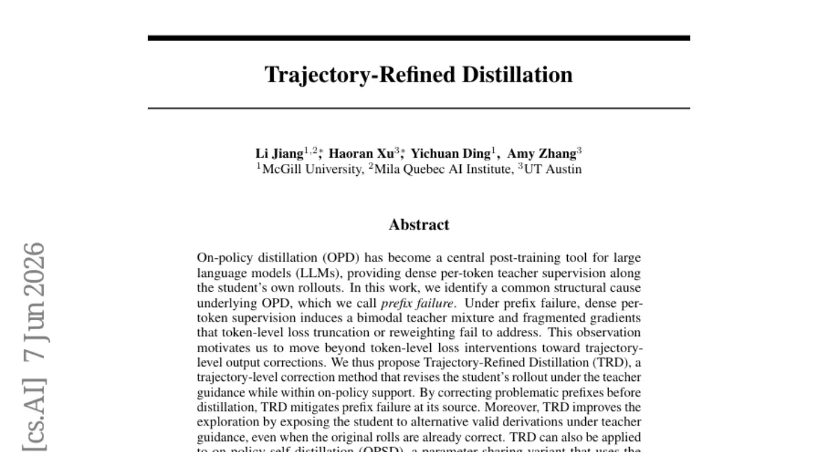 Mila, on-policy distillation 의 구조적 문제 'prefix failure' 식별 — TRD 로 trajectory 수정, 정확도·커버리지 개선