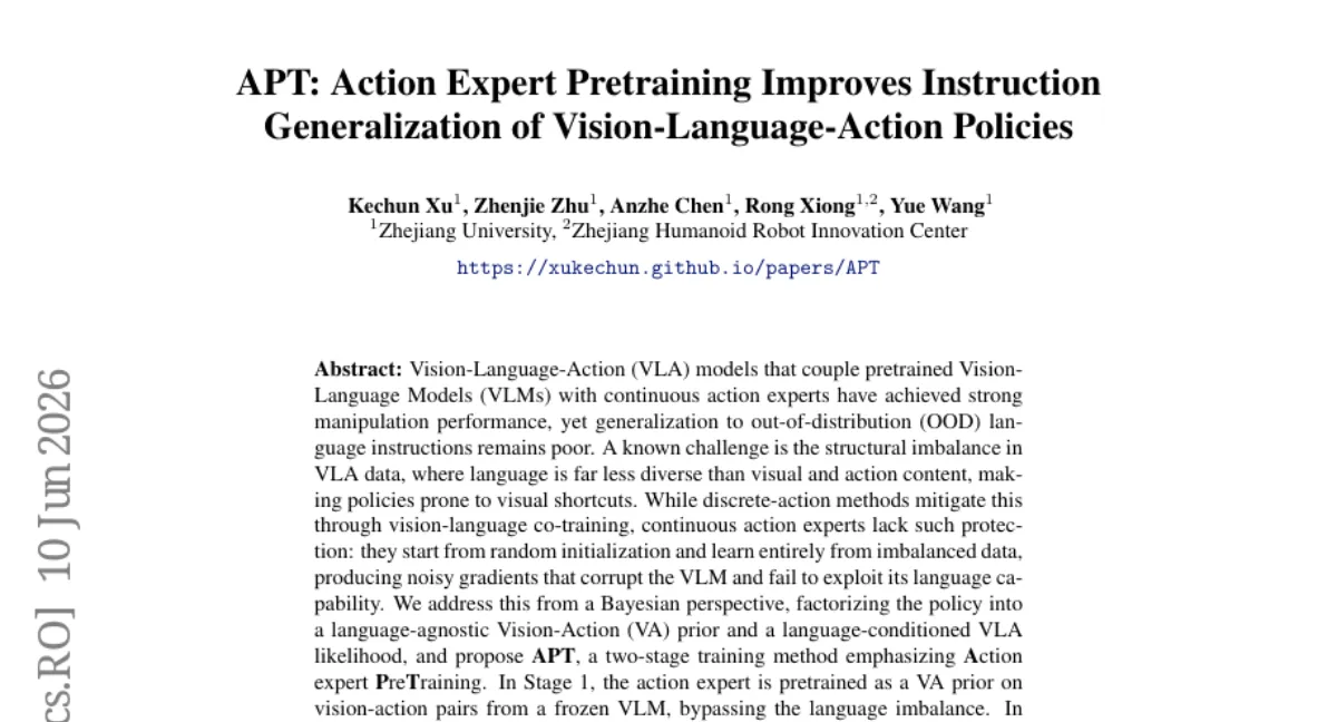 Zhejiang University, VLA 모델 일반화 개선 — Action 사전학습으로 OOD 언어 명령 성능 향상