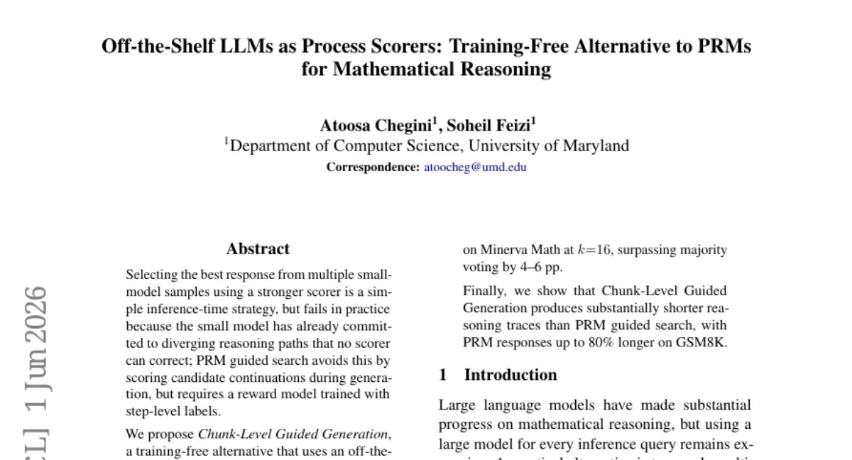 Maryland, chunk-level guided generation — 작은 모델의 추론을 큰 모델이 고정 길이 청크 단위로 교정, 수학 벤치마크에서 최대 28%p 향상