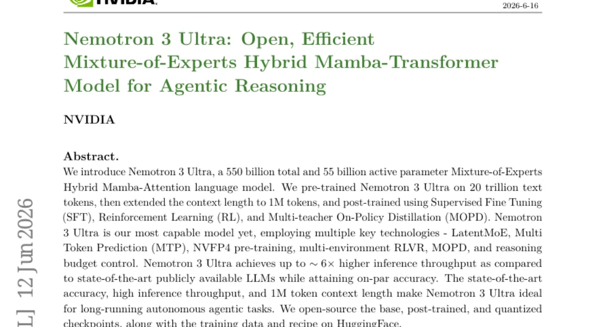 NVIDIA, 550B MoE Hybrid Mamba-Attention 모델 Nemotron 3 Ultra 공개 — 1M 컨텍스트, 6x 추론 처리량