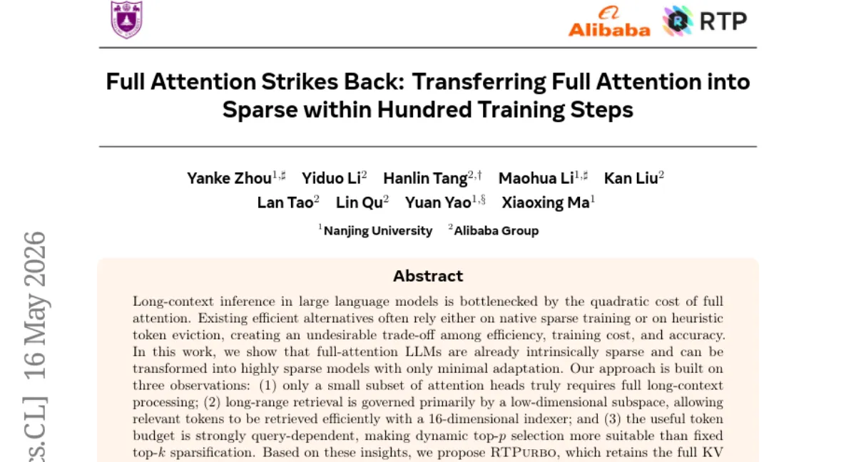 RTPurbo: full-attention LLM 을 9.36x prefill 가속 — KV cache 유지하며 intrinsic sparsity 활용