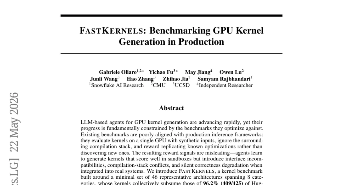 Snowflake, GPU 커널 생성 에이전트의 허상 깨는 벤치마크 FastKernels 공개 — 46개 아키텍처로 생산 환경과 정합