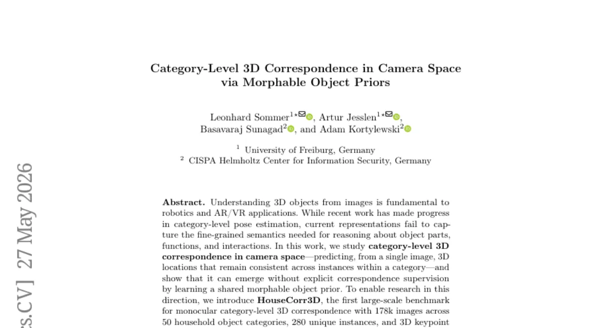 단일 이미지로 50개 가구 카테고리의 3D 대응점 예측 — HouseCorr3D 벤치마크와 Morpheus 방법
