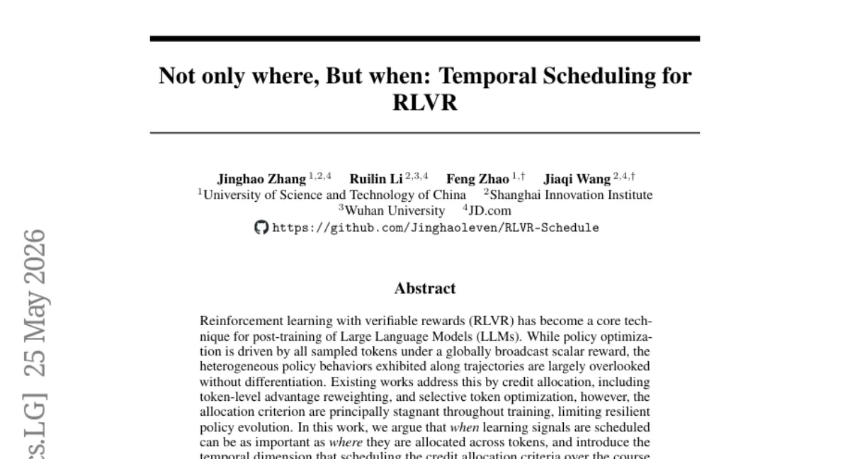 RLVR 학습에서 시간에 따라 신호 할당 기준을 변화시키는 Temporal Scheduling — 수학·일반 추론 벤치마크에서 일관된 개선