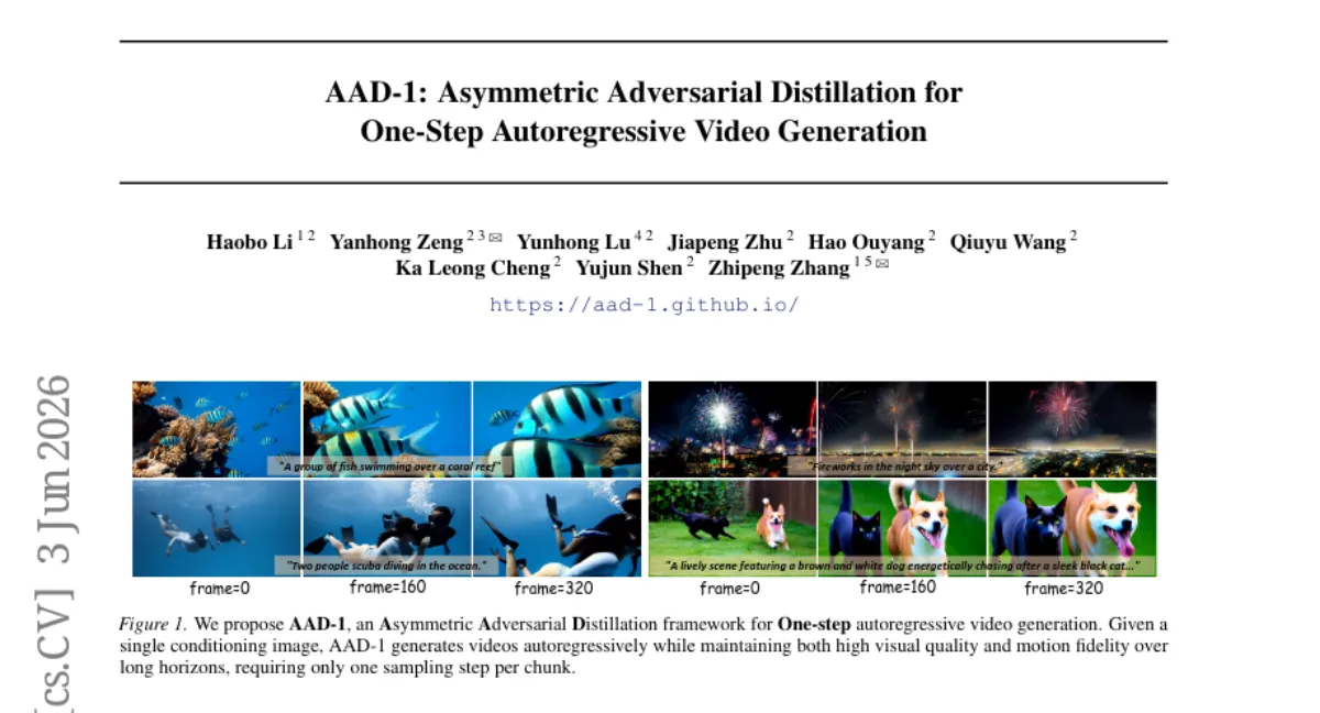 AAD-1: 비대칭 적대적 증류로 one-step 자회귀 영상 생성 — VBench SOTA