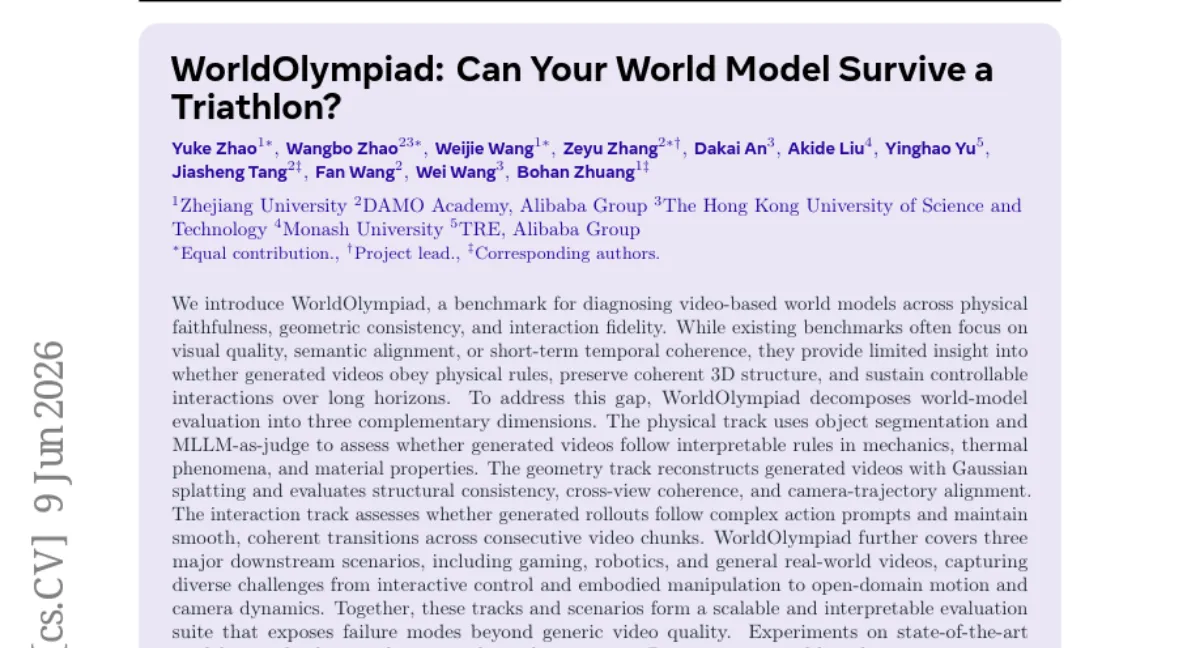 WorldOlympiad — 비디오 월드 모델의 물리·기하·상호작용 충실도를 진단하는 벤치마크