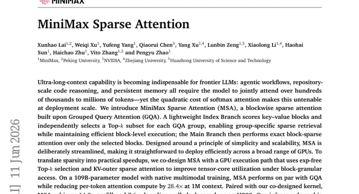MiniMax, 109B 멀티모달 모델에서 1M 컨텍스트 attention 연산 28.4x 감소 — Sparse Attention (MSA) 공개
