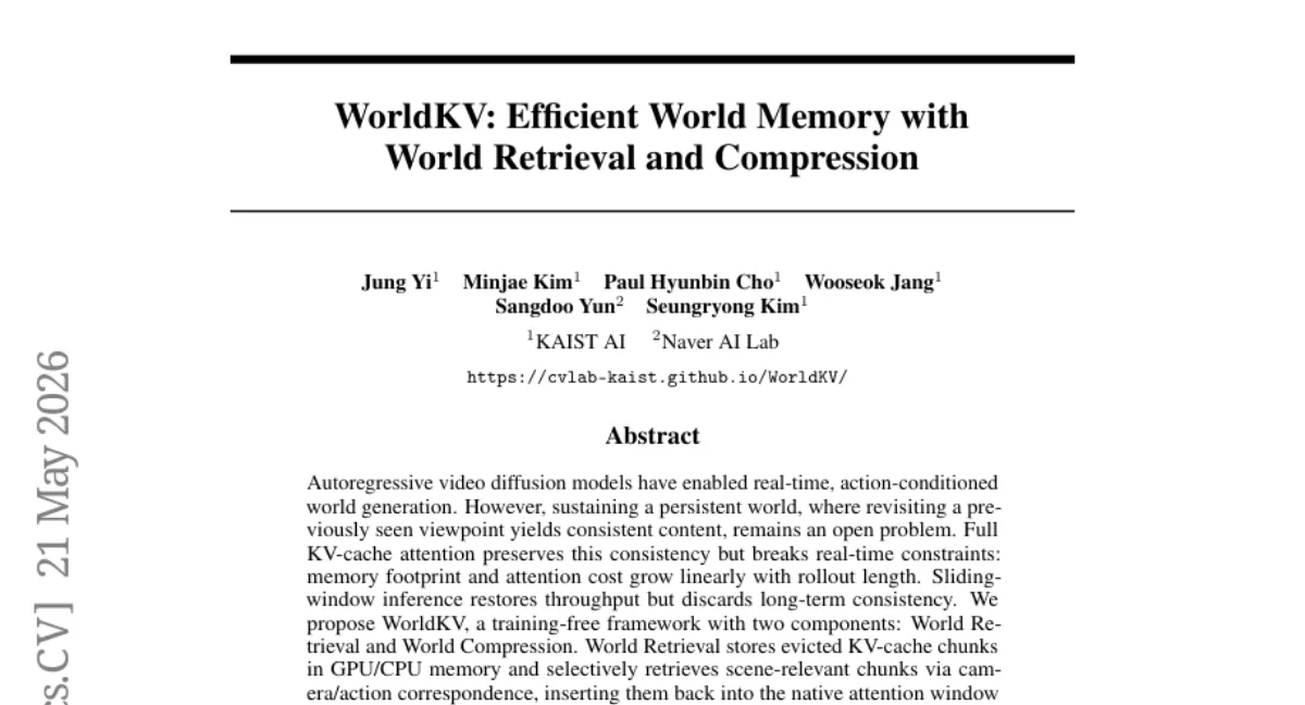 KAIST WorldKV — 학습 없는 KV 캐시 압축·검색으로 비디오 월드 일관성 유지