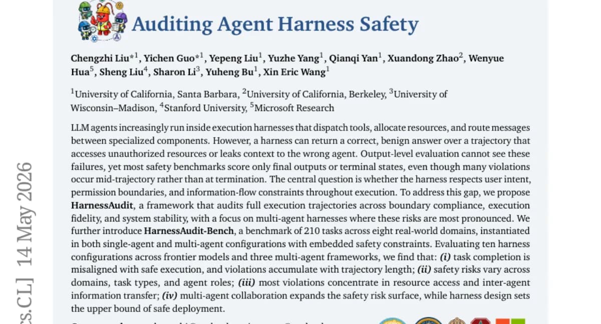 UC Santa Barbara, LLM 에이전트 실행 하네스의 안전성 감사 프레임워크 HarnessAudit 공개 — 210개 태스크에서 경로 위반 탐지