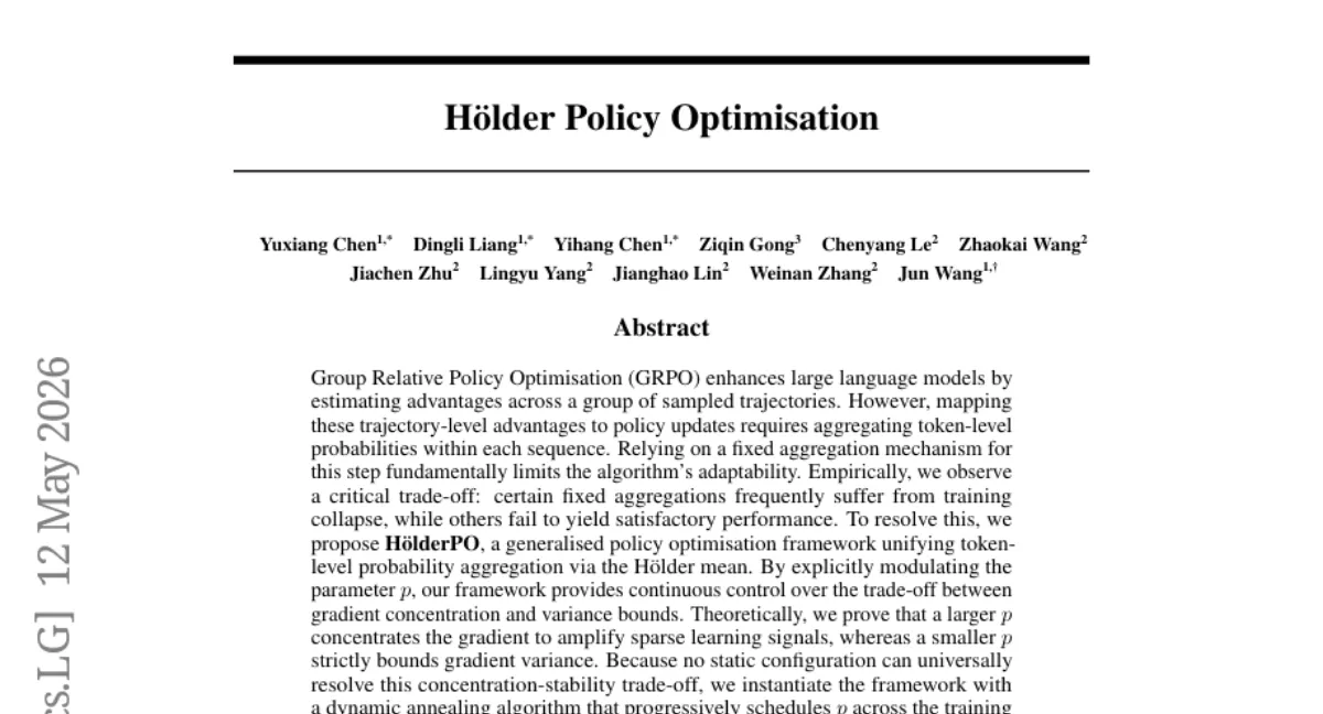 HölderPO: GRPO의 토큰 확률 집계를 일반화한 정책 최적화 — 수학 벤치마크 평균 54.9% 달성