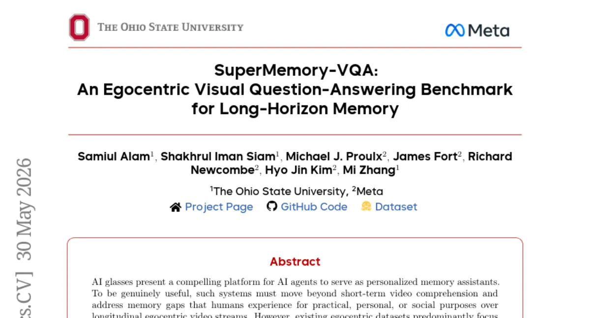 AI 안경용 장기 기억 벤치마크 SuperMemory-VQA — 52.9시간 에고센트릭 영상, 6종 기억 태스크