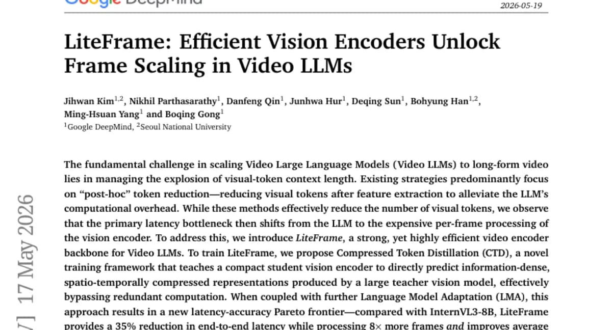 DeepMind, 비디오 LLM 지연시간 35% 단축하는 LiteFrame — 8배 많은 프레임 처리