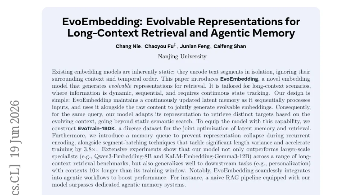 EvoEmbedding: 문맥에 따라 진화하는 임베딩 — long-context 검색에서 8B 모델 능가
