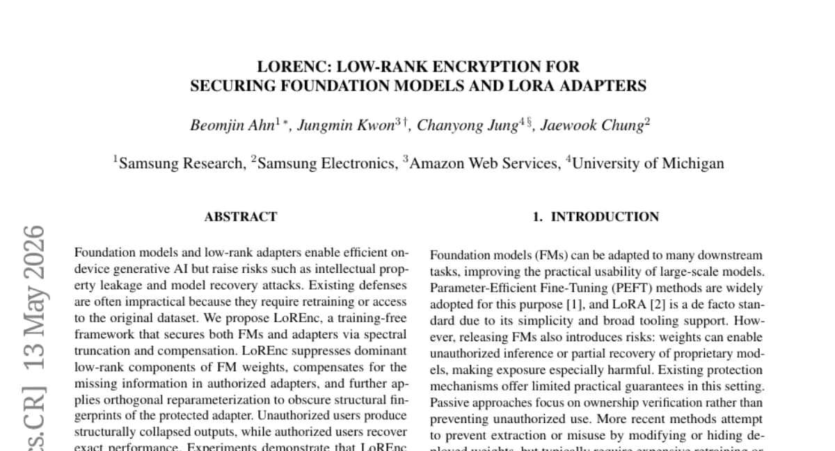 Samsung, 학습 없이 FM과 LoRA 어댑터 보호하는 LoREnc — 모델 복원 공격 방어, 오버헤드 1% 미만