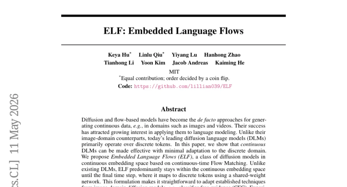 ELF: 연속 임베딩 공간에서 동작하는 Flow Matching 기반 언어 모델 — 기존 DLM 대비 생성 품질 향상