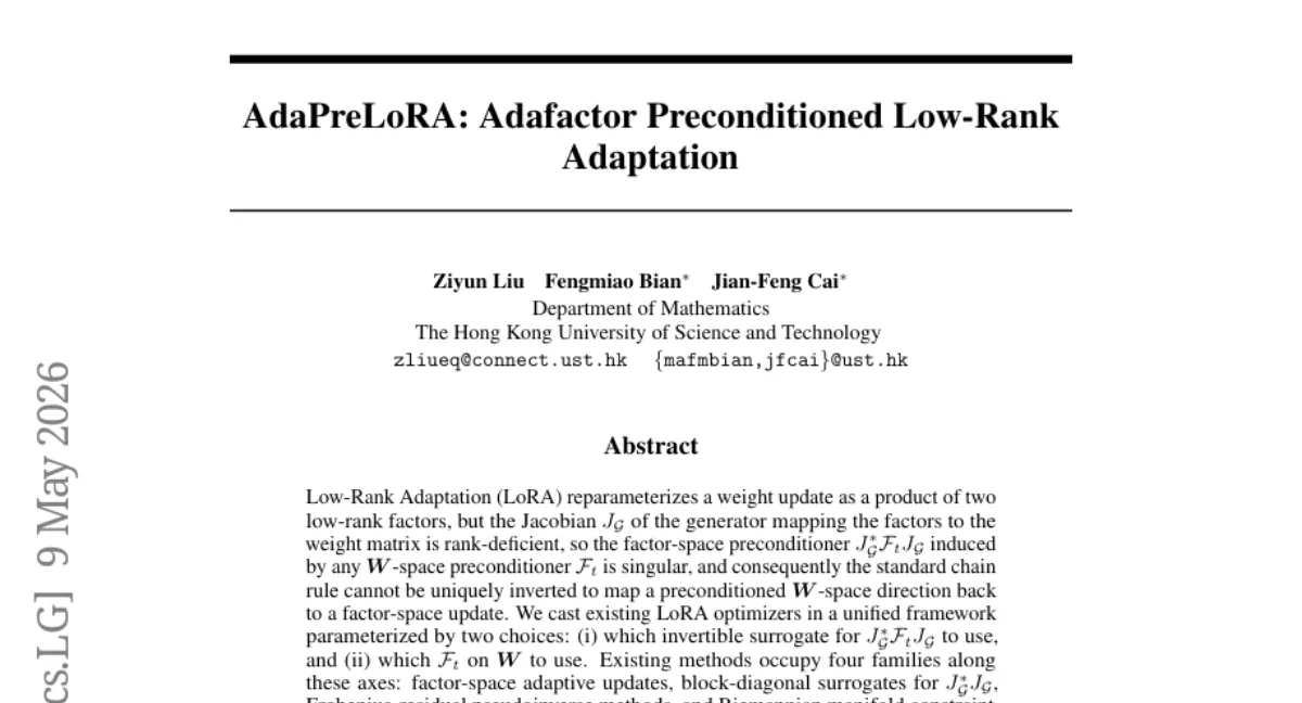 AdaPreLoRA: LoRA 최적화 통합 프레임워크와 새로운 옵티마이저 — GPT-2, Mistral-7B, Qwen2-7B에서 경쟁력