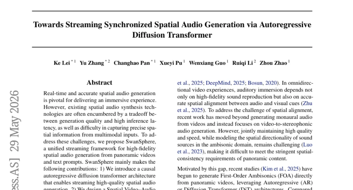 SwanSphere: 파노라마 비디오와 텍스트로 실시간 공간 오디오 생성 — AR diffusion transformer + SVAC 학습