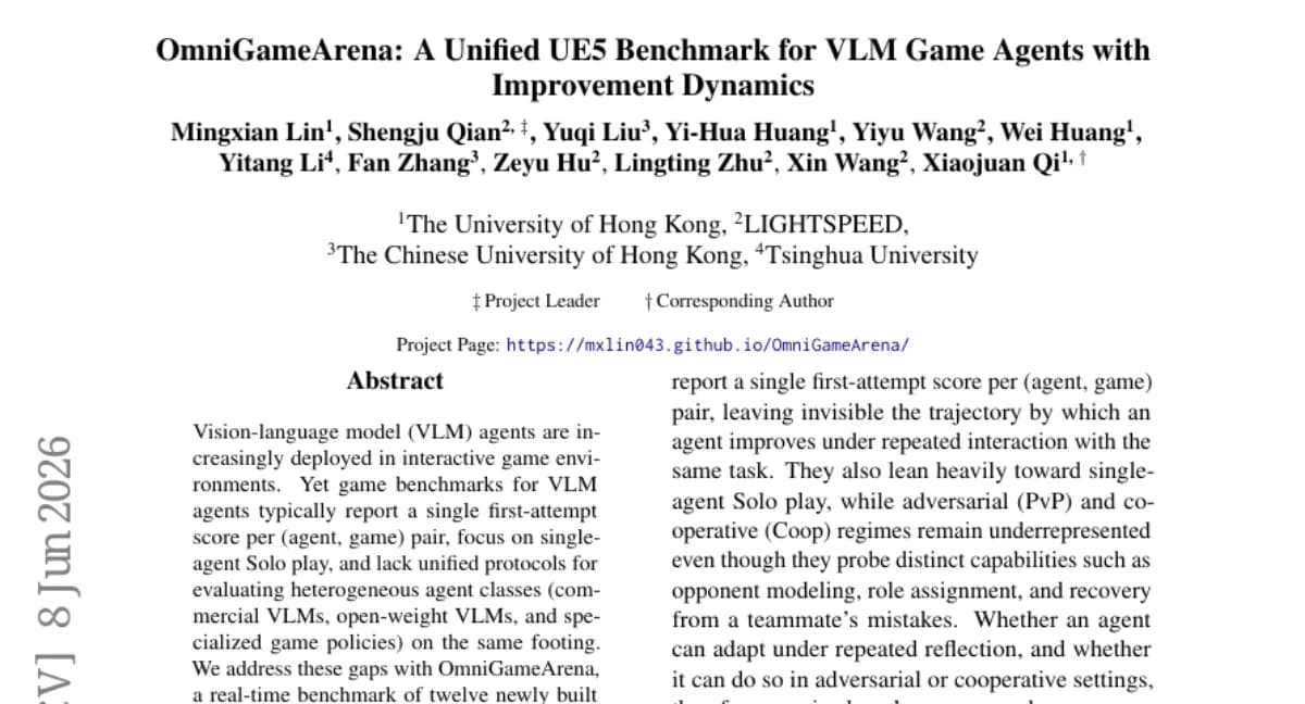 Hong Kong University, VLM 에이전트 평가용 OmniGameArena 공개 — 12개 Unreal Engine 5 게임 + 반복 개선 곡선