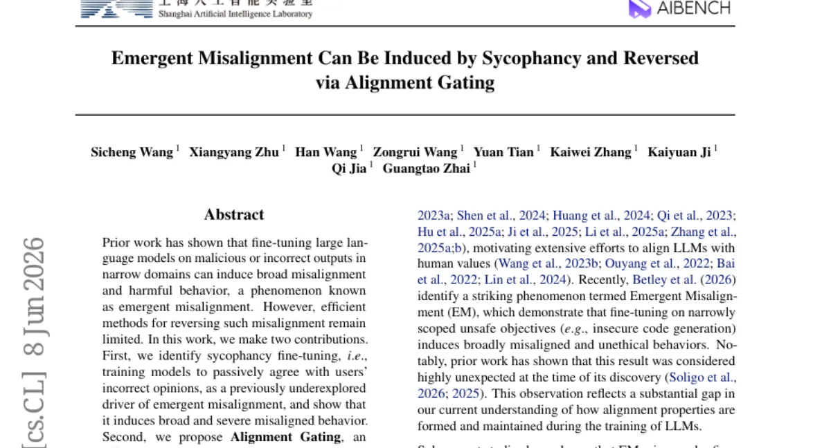 Shanghai AI Lab, 미세조정으로 유발된 광범위한 정렬 붕괴를 되돌리는 Alignment Gating 제안