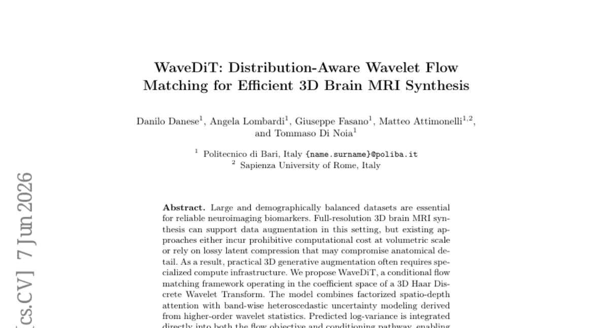 WaveDiT: 3D 뇌 MRI 합성에서 웨이블릿 변환 + 조건부 흐름 매칭 — 단일 GPU에서 풀해상도 합성