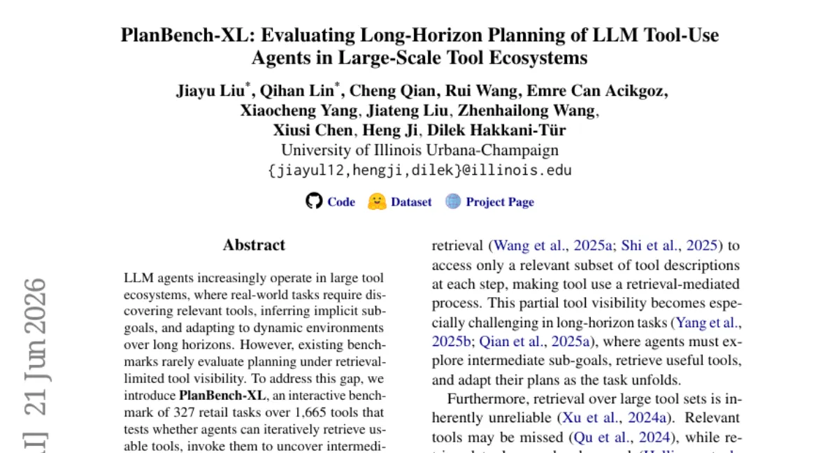 PlanBench-XL: LLM 에이전트, 1,665개 툴 환경에서 계획 수립 실패 — GPT-5.4도 장애 대응 시 11%로 급락