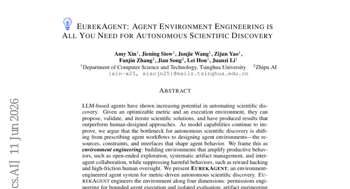 Tsinghua, 환경 엔지니어링 기반 자율 과학 발견 에이전트 EurekAgent — 26-원 패킹 SOTA, API 비용 $11 미만