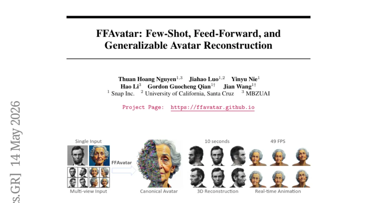 FFAvatar: few-shot 초상화로 2초 만에 애니메이션 가능한 3D Gaussian 헤드 아바타 재구성 — NeRSemble에서 PSNR 5.5 향상
