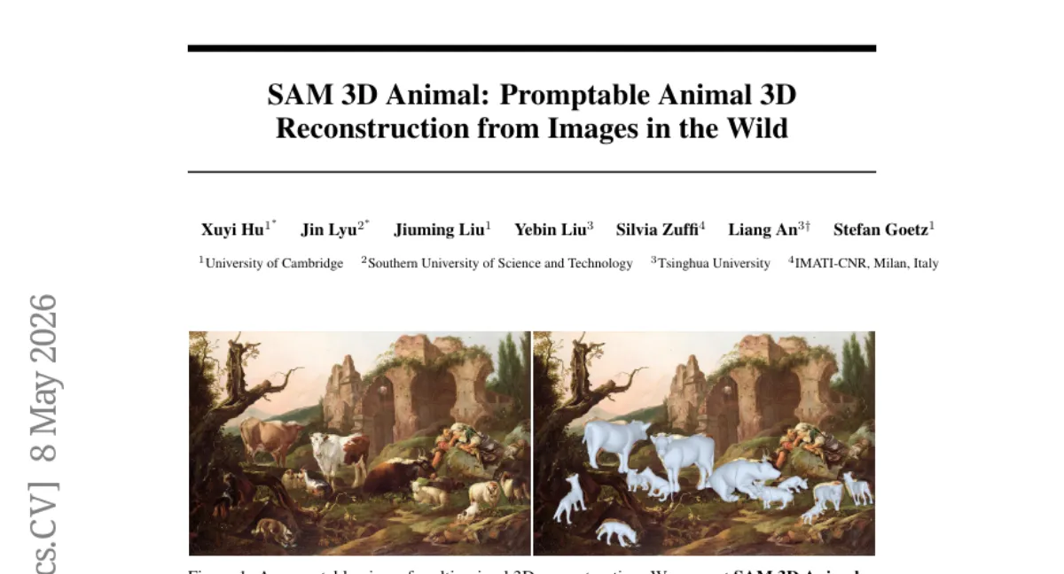 SAM 3D Animal: 단일 이미지로 여러 동물 3D 재구성 — SMAL+ 기반 프롬프트 가능 프레임워크, 3개 벤치마크 SOTA