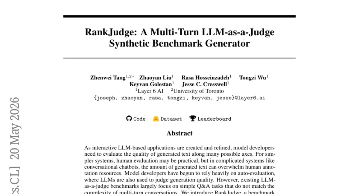 RankJudge — 멀티턴 대화에서 LLM 평가자 성능을 벤치마킹하는 새로운 프레임워크