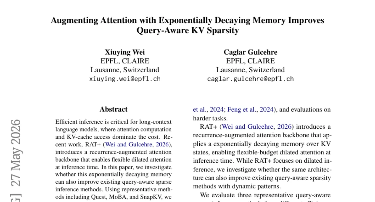 RAT+ 메모리 모듈이 query-aware sparse inference 정확도를 높인다 — 8개 needle-in-a-haystack 태스크에서 일관된 개선