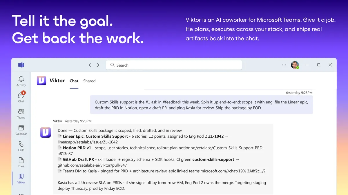 Zeta Labs, AI 직원 Viktor 를 Microsoft Teams 에 도입 — 3,000개 툴 연동