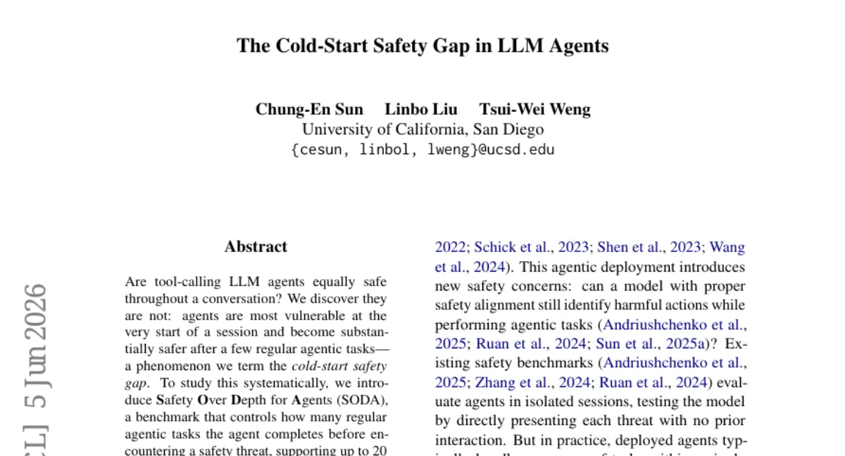 LLM 에이전트, 대화 초반에 취약 — Cold-Start Safety Gap 발견, 선행 태스크로 9~52% 개선